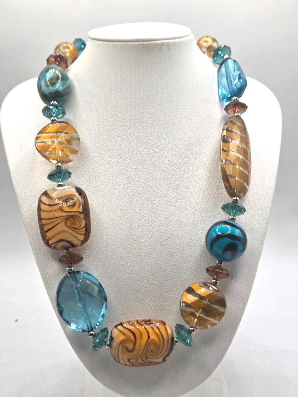Handmade Chunky Beaded Necklace With Blue & Amber Acrylic Beads